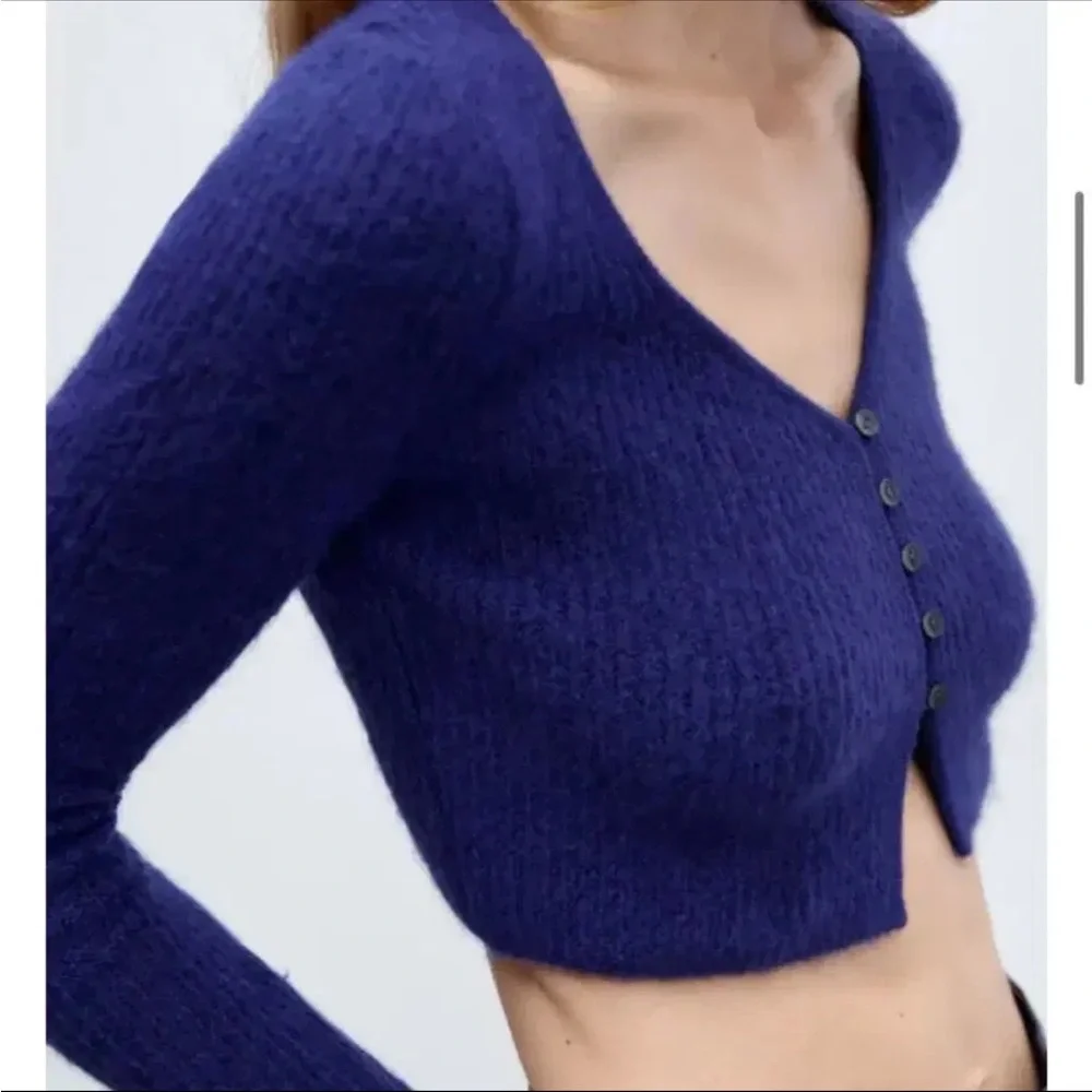Zara Royal Blue Fuzzy Cropped Cardigan - Soft Knit V-Neck Sweater - Size S - Picture 2 of 9